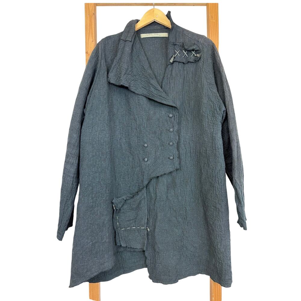 Vintage Cynthia Ashby Medium Black Double Breasted Asymmetric Linen Long Coat